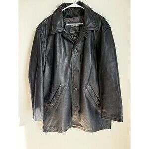 Men’s Black Leather Coat-Thinsulate Zip Out Lining-Large-Buttons-Oakwood Brand